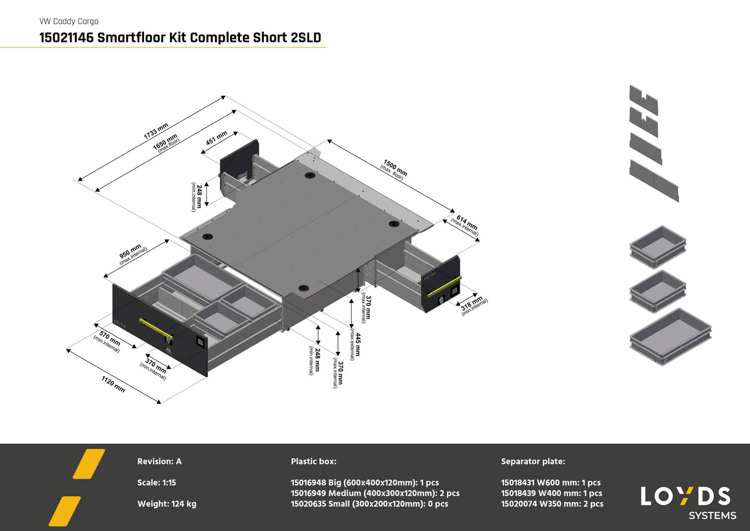 3D-illustration av ett komplett Smartfloor dubbelgolv till Volkswagen Caddy Cargo med två skjutdörrar