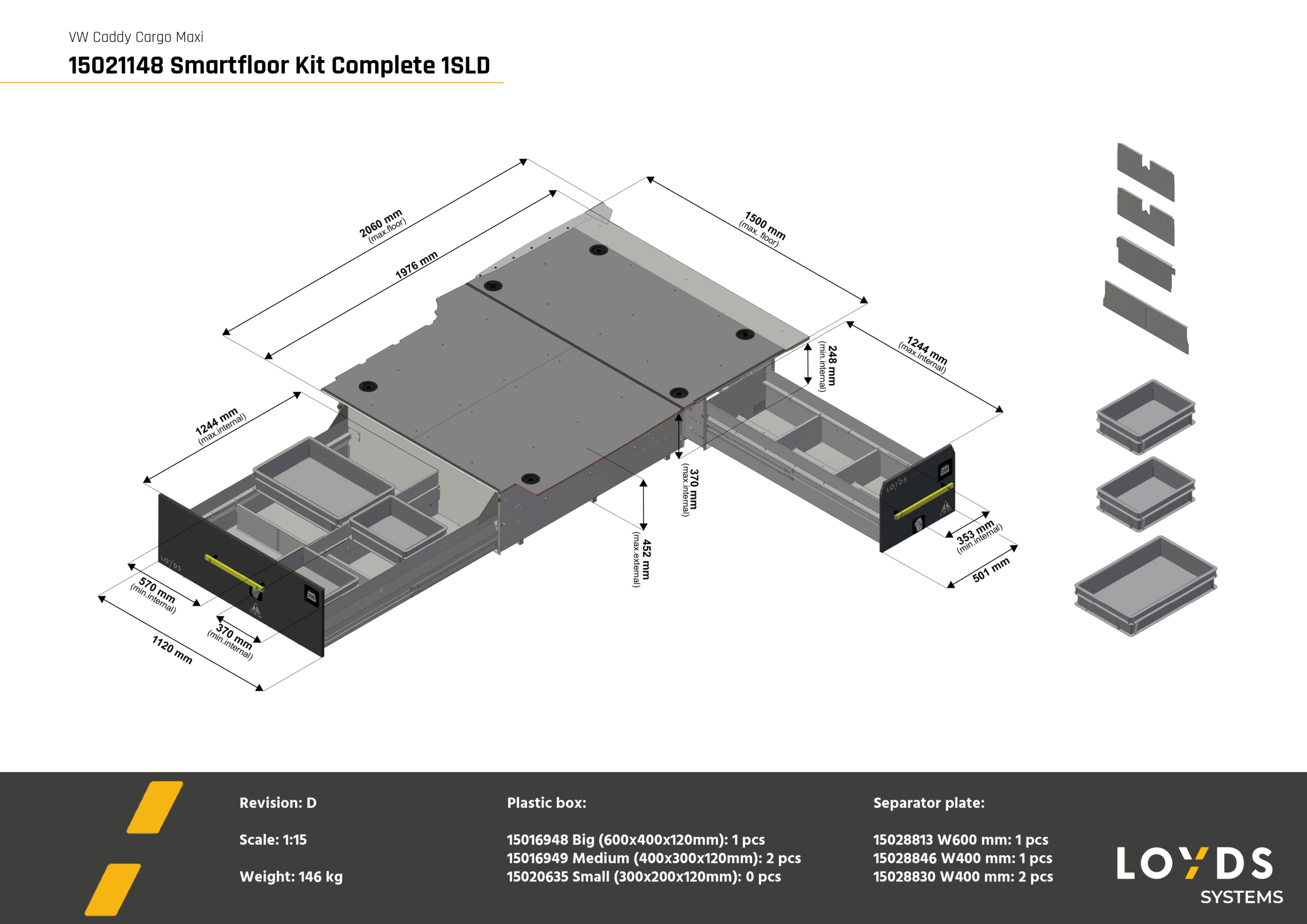 3D-illustration av ett komplett Smartfloor dubbelgolv till Volkswagen Caddy Cargo Maxi med en skjutdörr