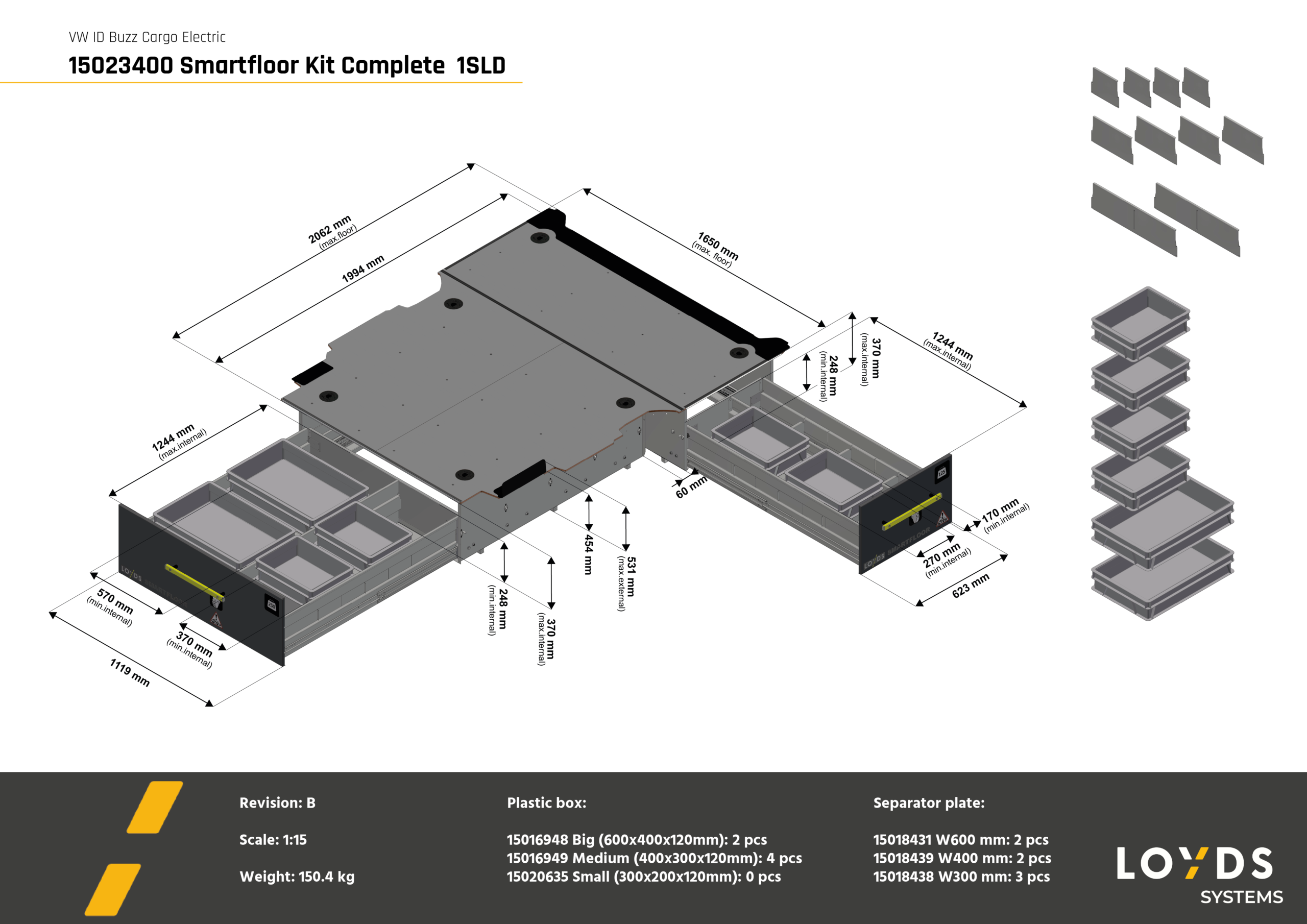 3D-illustration av ett komplett Smartfloor dubbelgolv till Volkswagen ID Buzz Cargo med en skjutdörr