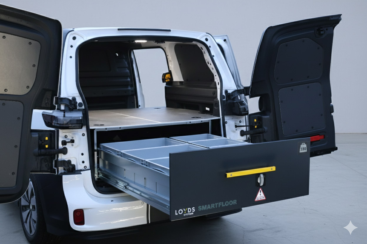 Bild av halvt Smartfloor-system i en ID Buzz Cargo, bild tagen bakifrån med utdragen låda.