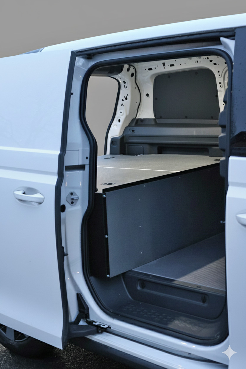 Bild av halvt Smartfloor-system i en ID Buzz Cargo, bild tagen från sidan av bilen. Vid skjutdörrar är det full takhöjd.