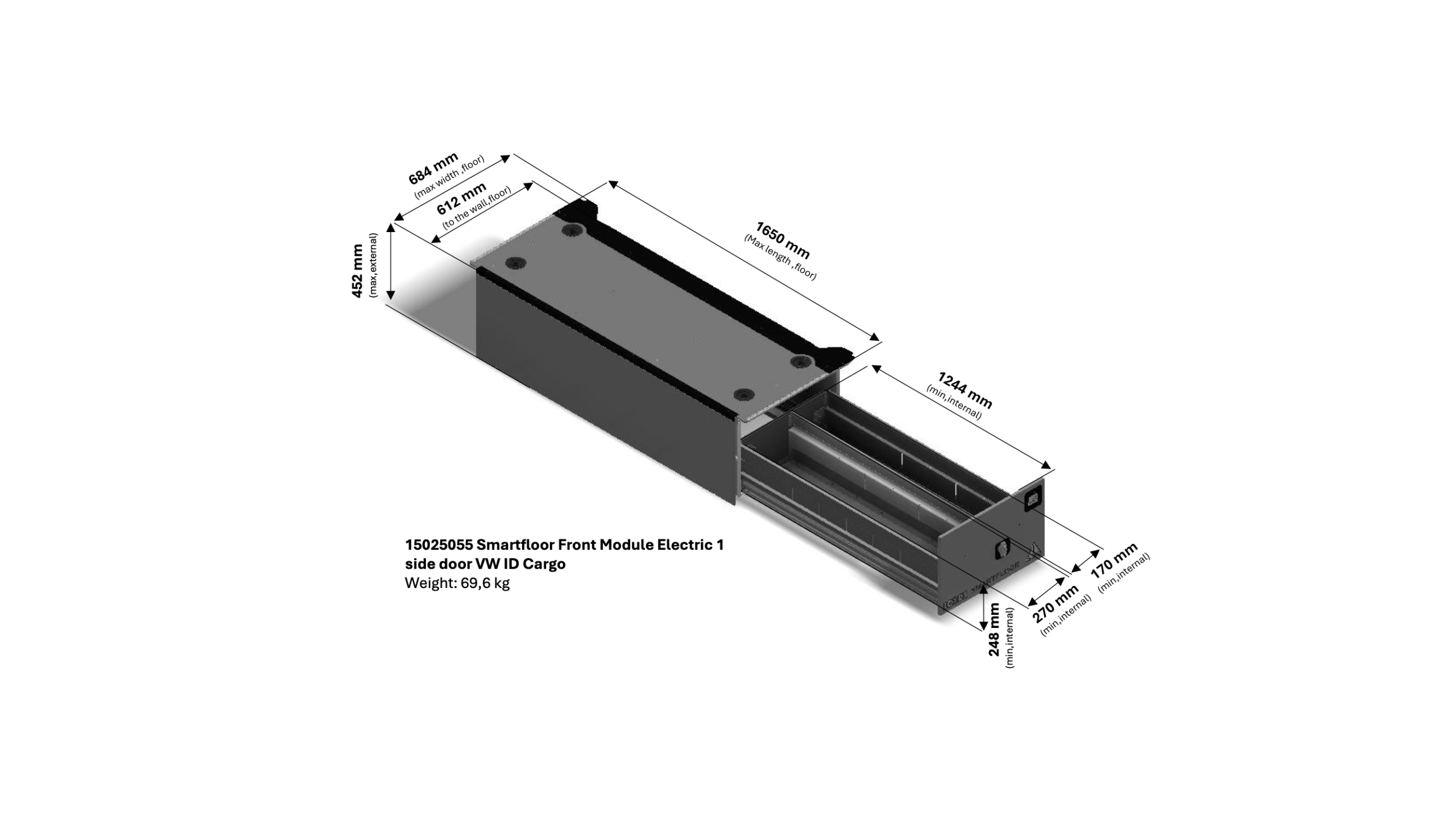 3D-illustration på Loyds Systems Smartfloor frontmodul till Volkswagen ID Buzz Cargo 1-SLD
