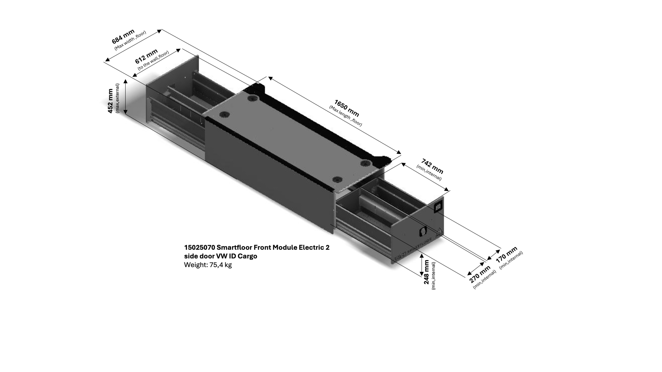 3D-illustration på Loyds Systems Smartfloor frontmodul till Volkswagen ID Buzz Cargo 2-SLD