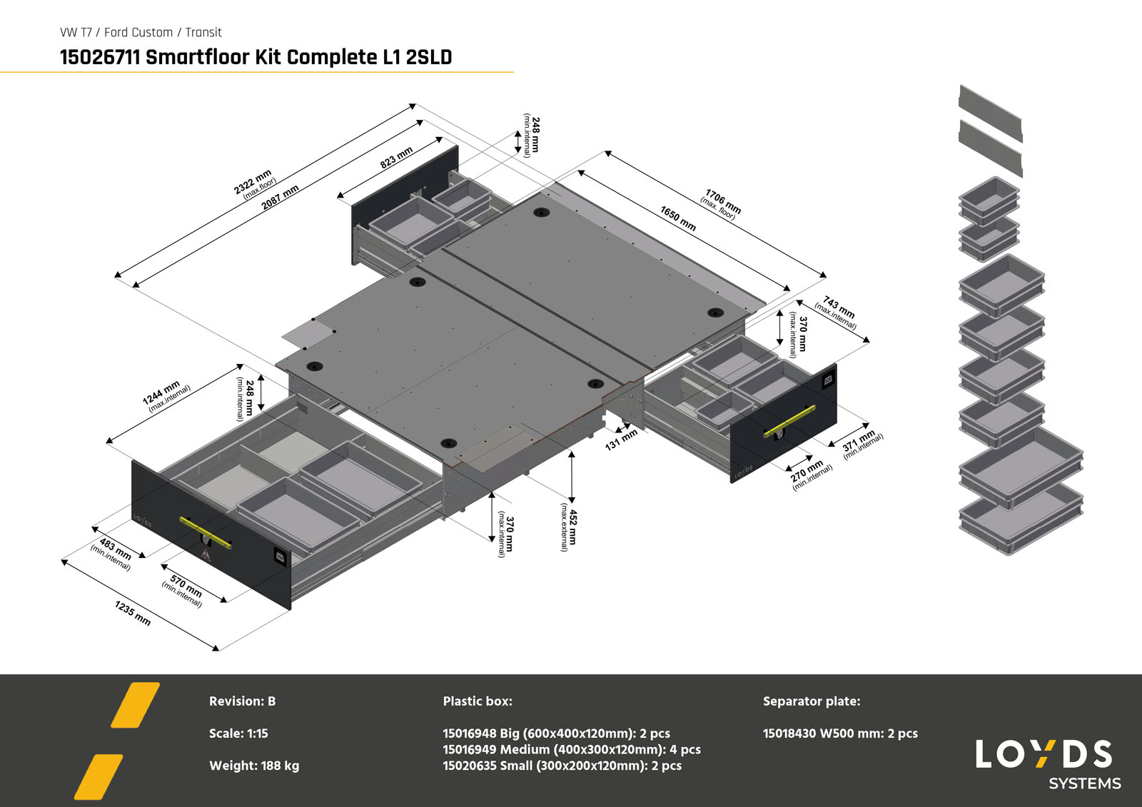 3D-illustration av ett komplett Smartfloor dubbelgolv till Volkswagen Transporter 7 eller Ford Transit Custom L1 med två skjutdörrar