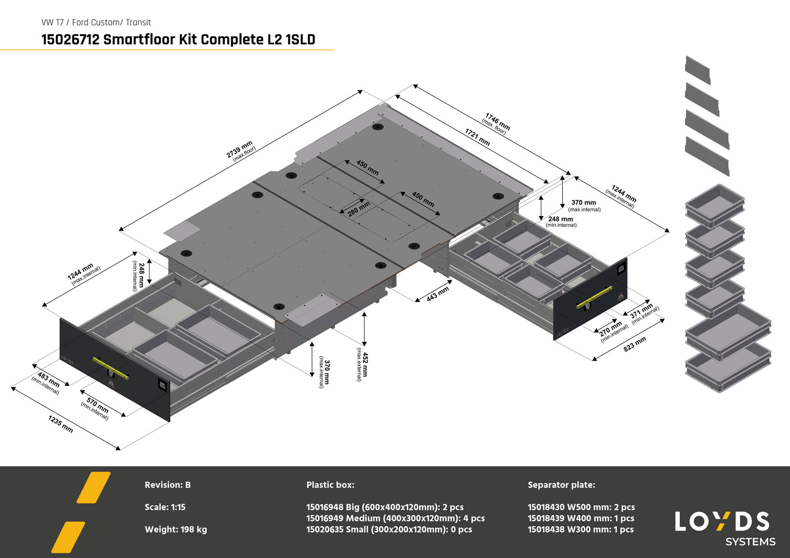 3D-illustration av ett komplett Smartfloor dubbelgolv till Volkswagen Transporter 7 eller Ford Transit Custom L2 med en skjutdörr