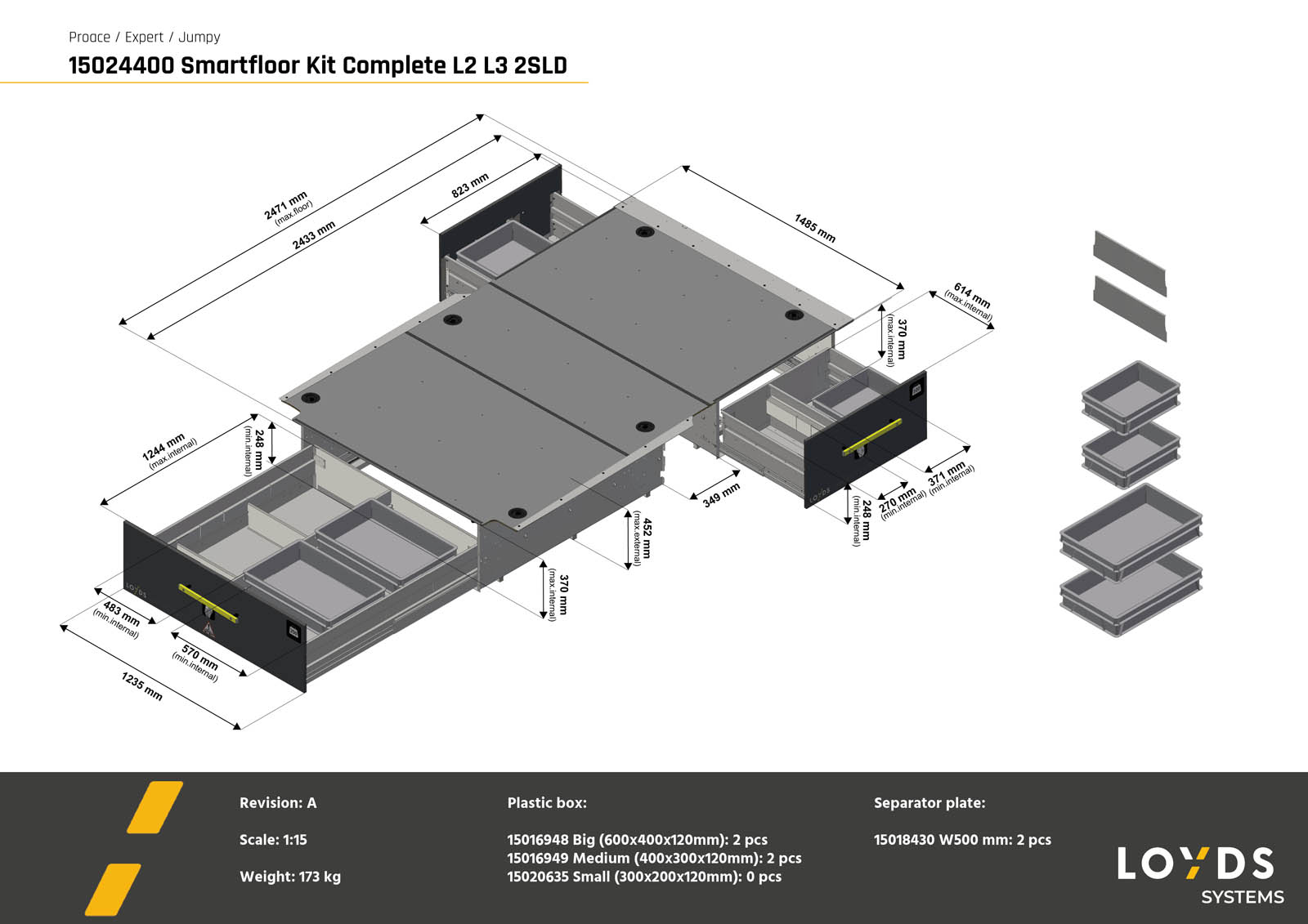 3D-illustration av ett komplett Smartfloor dubbelgolv till Toyota Proace från 2016 (L2), Peugeot Expert från 2016, Citroën Jumpy från 2016, Opel Vivaro från 2019 och Fiat Scudo från 2024 med två skjutdörrar L3-längd