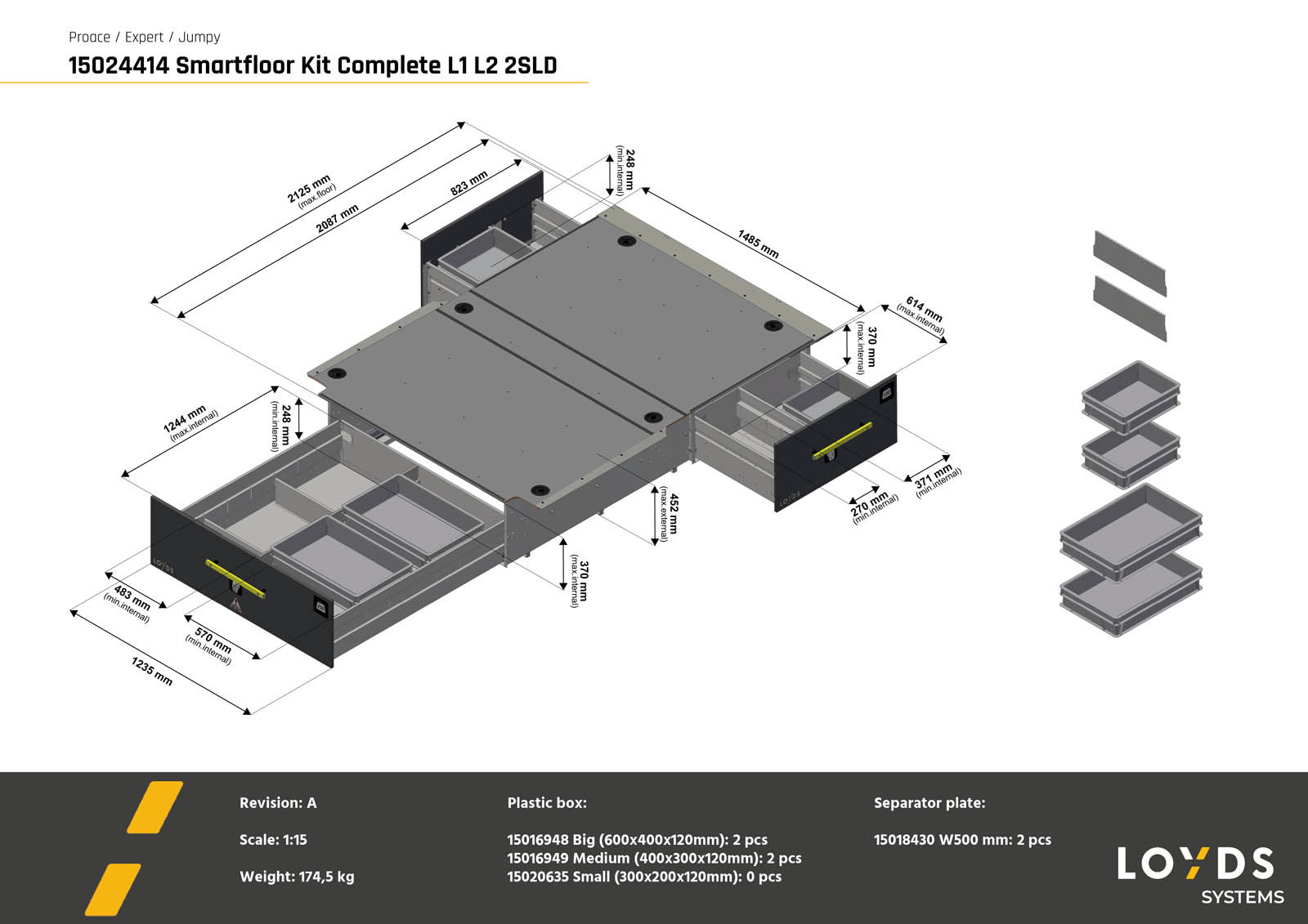 3D-illustration av ett komplett Smartfloor dubbelgolv till Toyota Proace från 2016 (L1), Peugeot Expert från 2016, Citroën Jumpy från 2016, Opel Vivaro från 2019 och Fiat Scudo från 2024 med två skjutdörrar L2-längd