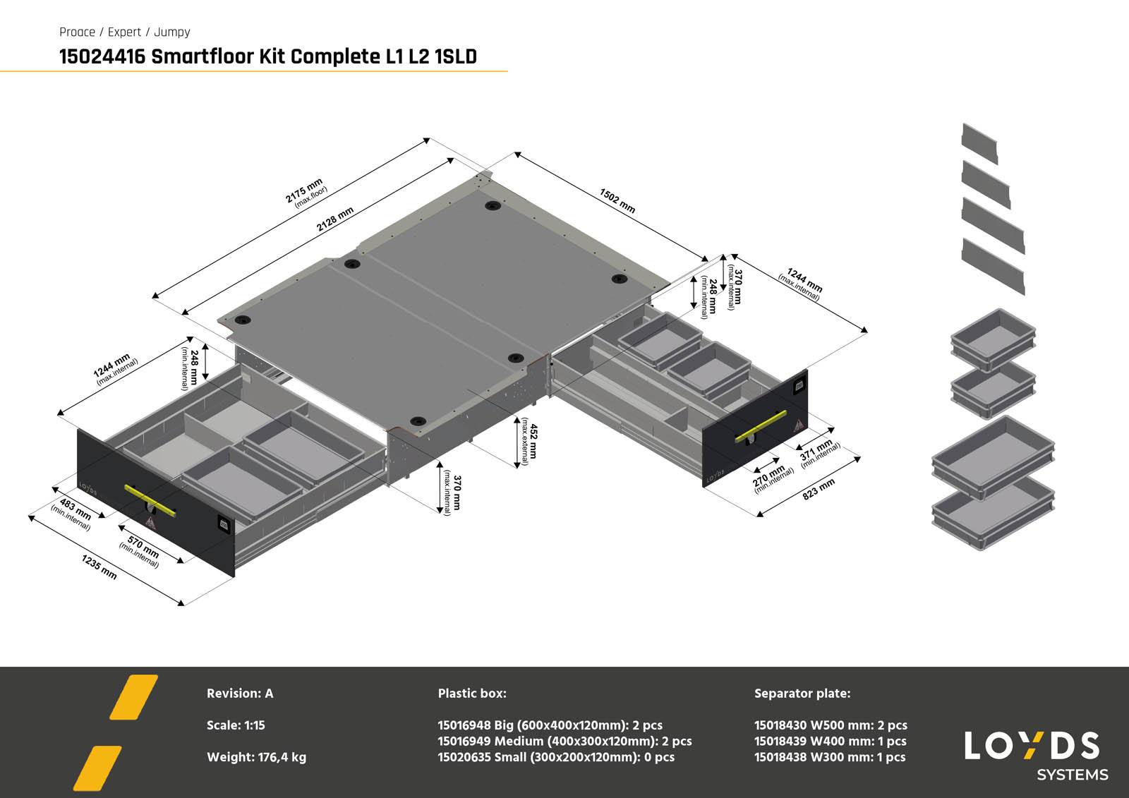 3D-illustration av ett komplett Smartfloor dubbelgolv till Toyota Proace från 2016 (L1), Peugeot Expert från 2016, Citroën Jumpy från 2016, Opel Vivaro från 2019 och Fiat Scudo från 2024 med en skjutdörr L2-längd