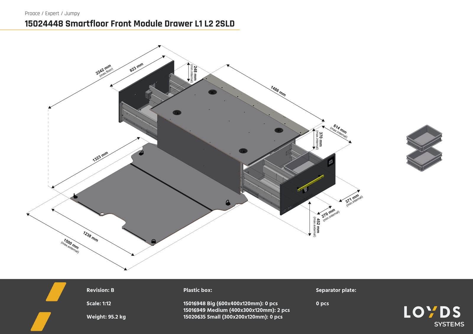 3D-illustration av Smartfloor frontmodul bilinredning till Toyota Proace från 2016 (L1), Peugeot Expert från 2016, Citroën Jumpy från 2016, Opel Vivaro från 2019 och Fiat Scudo från 2024 billängd L2 med två skjutdörrar