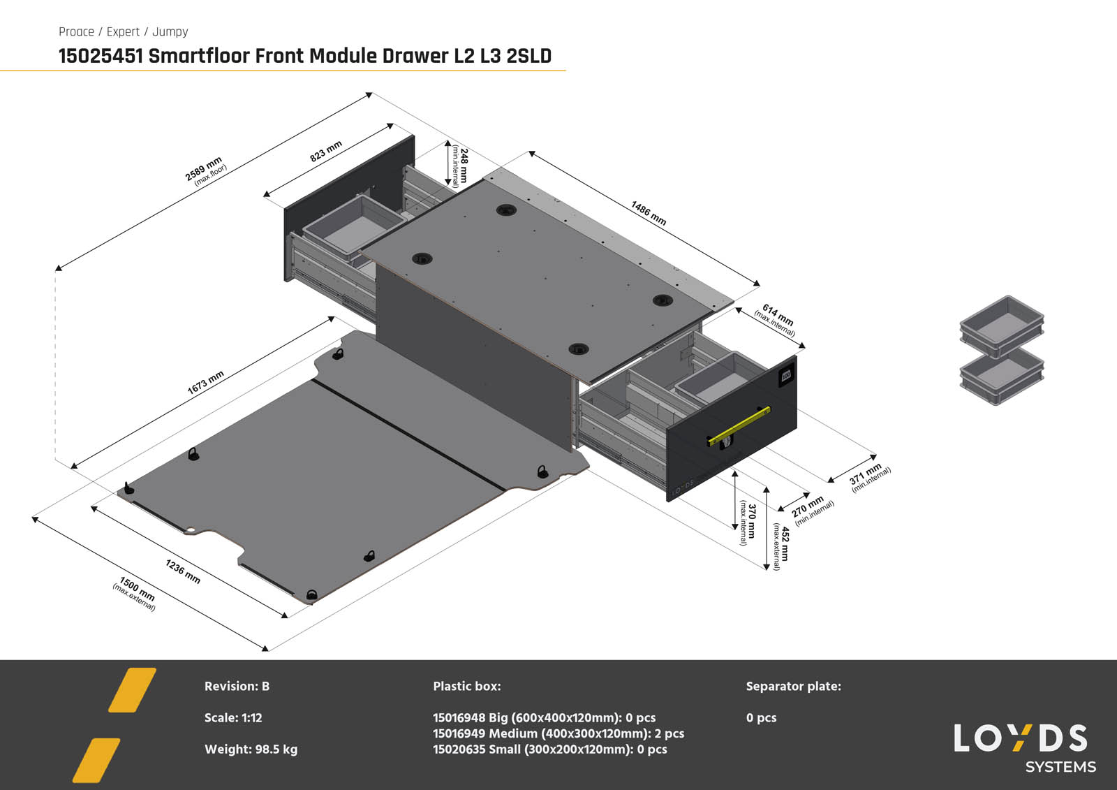 3D-illustration av Smartfloor frontmodul bilinredning till Toyota Proace från 2016 (L2), Peugeot Expert från 2016, Citroën Jumpy från 2016, Opel Vivaro från 2019 och Fiat Scudo från 2024 billängd L3 med två skjutdörrar