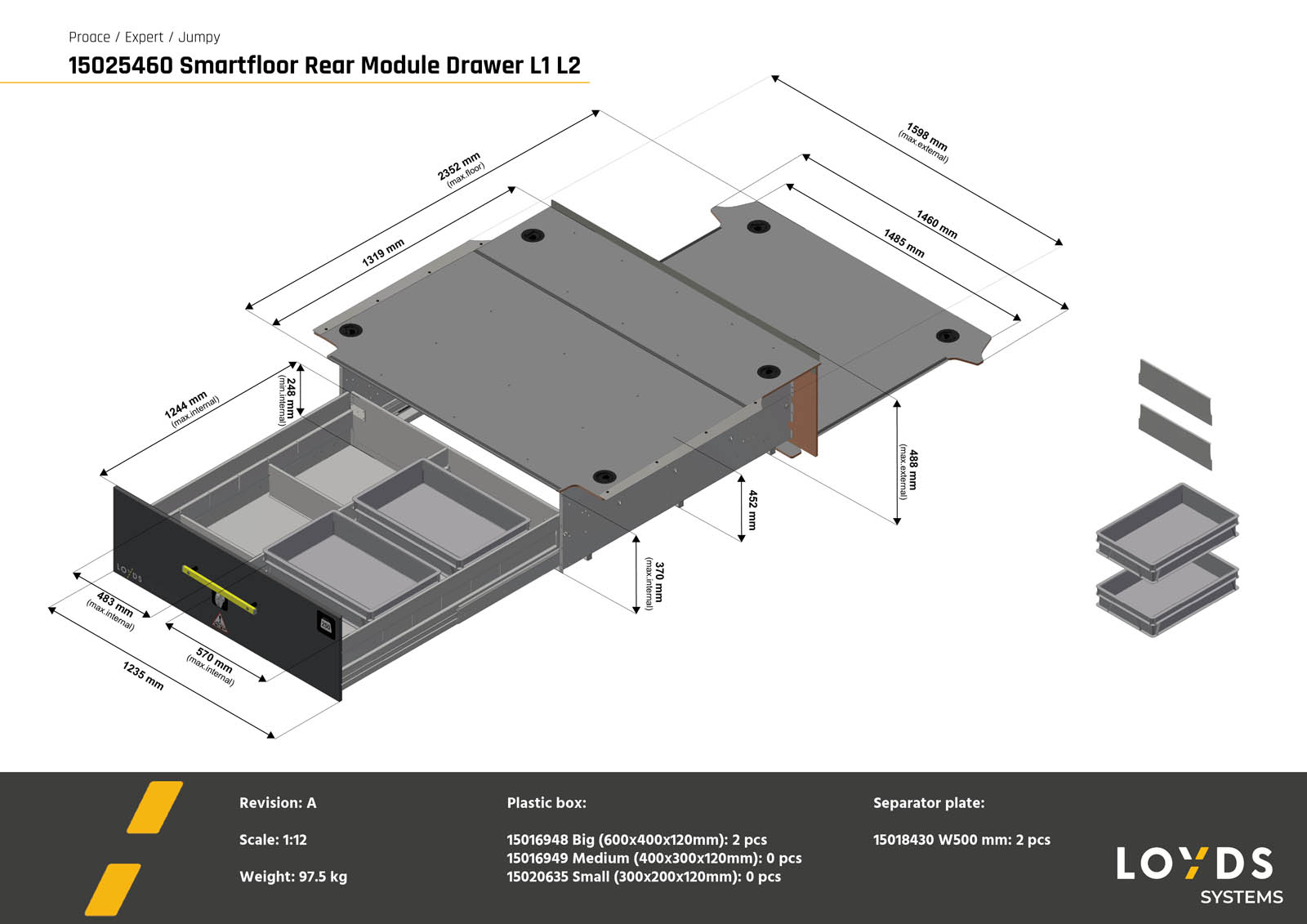 3D-illustration av Smartfloor dubbelgolv bakmodul till Toyota Proace från 2016 (L1), Peugeot Expert från 2016, Citroën Jumpy från 2016, Opel Vivaro från 2019 och Fiat Scudo från 2024 billängd L2.