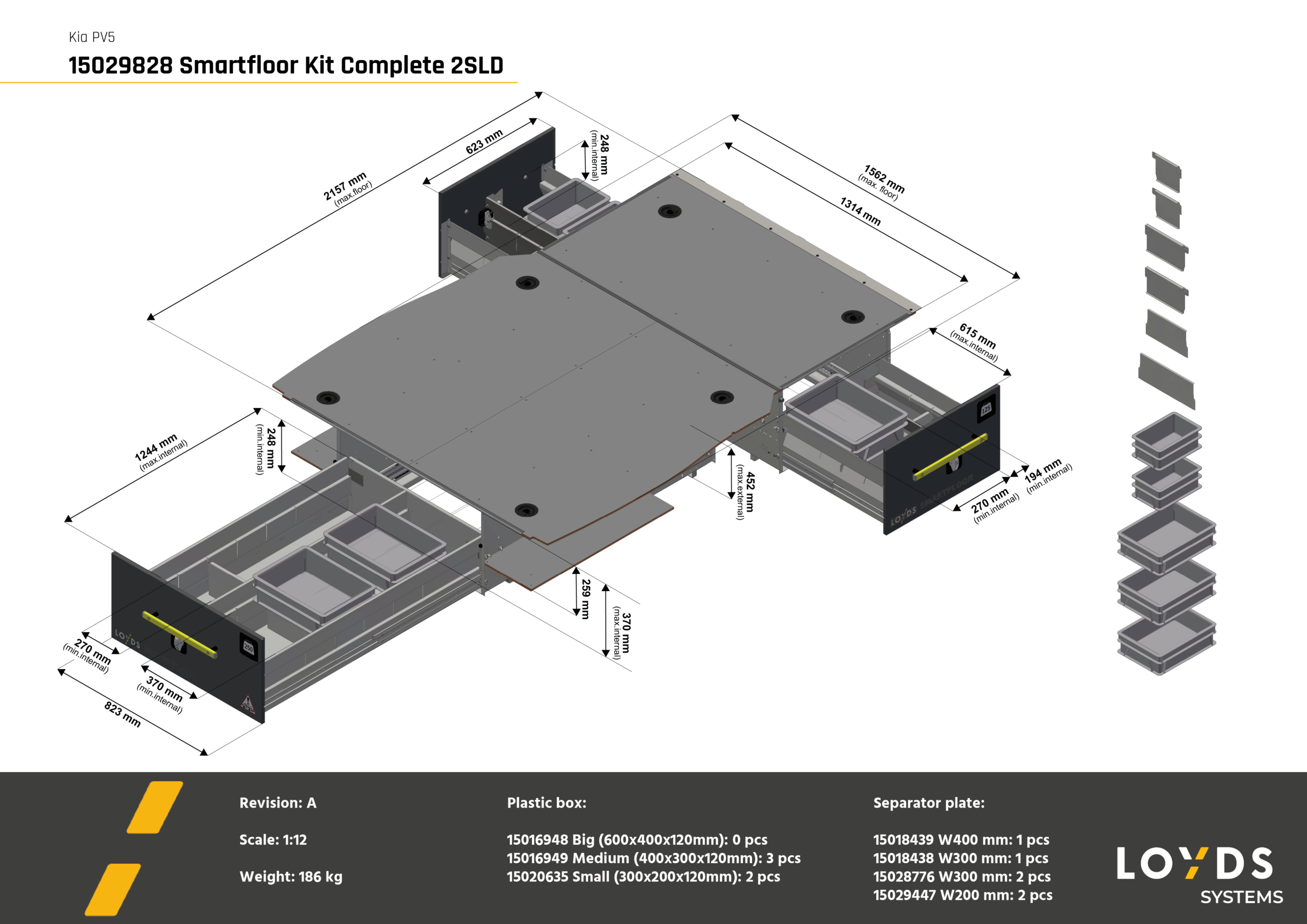 3D-illustration av ett komplett Smartfloor dubbelgolv till Kia PV5 Cargo från 2026 med två skjutdörrar